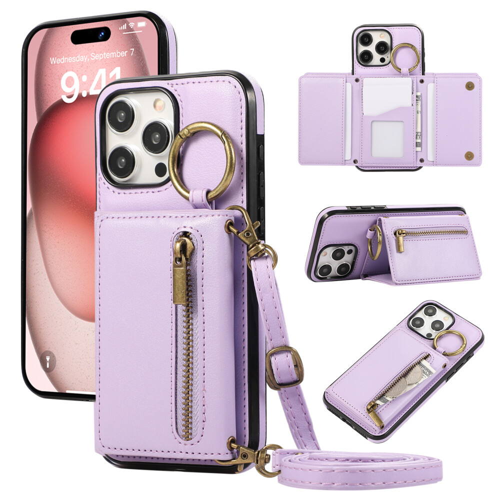 (Iphone 15 Pro, ) For Iphone 15 Pro Leather Back Cover Zipper Wallet Kickstand Phone Case With Shoulder Strap Purple 6914285568121