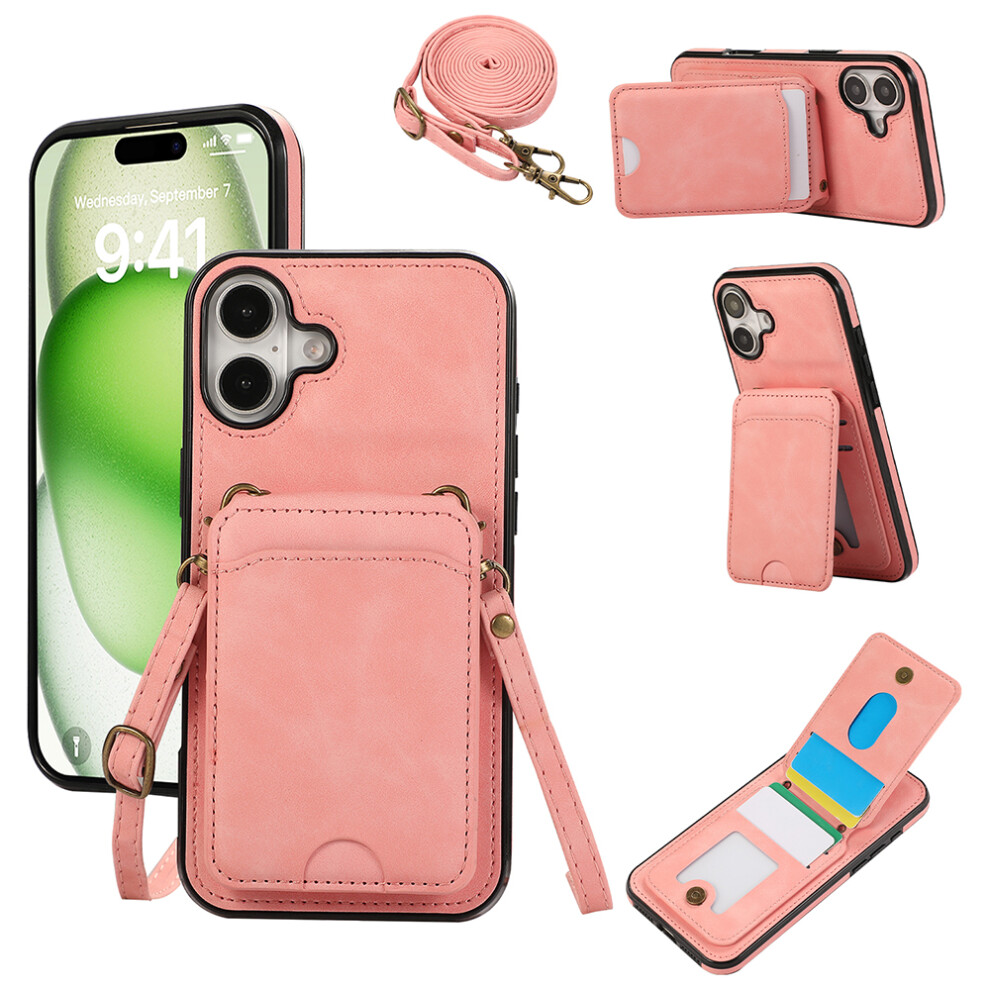(Iphone 16, ) For Iphone 16 Case Card Holder Kickstand Leather+Tpu Phone Cover With Shoulder Strap Pink 6914289991307