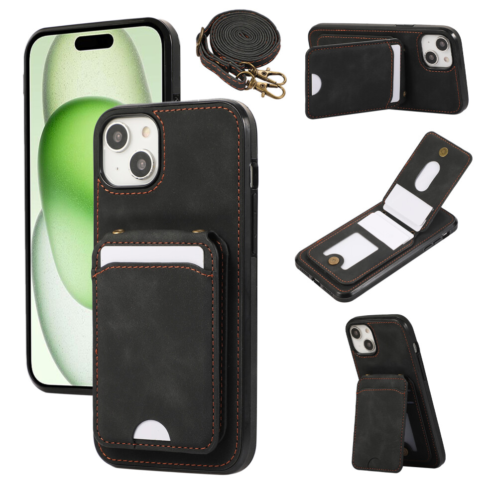 (Iphone 15, ) For Iphone 15 Case Card Holder Kickstand Leather+Tpu Phone Cover With Shoulder Strap Black 6914286271051