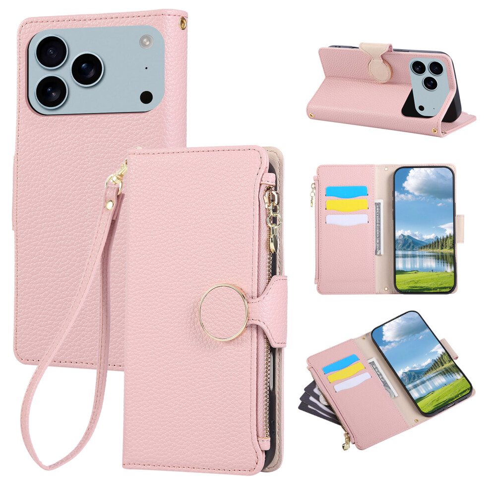 (Iphone 17 Pro, ) For Iphone 17 Pro Case Zipper Wallet Leather Phone Cover With Wrist Strap Pink 6914289671490