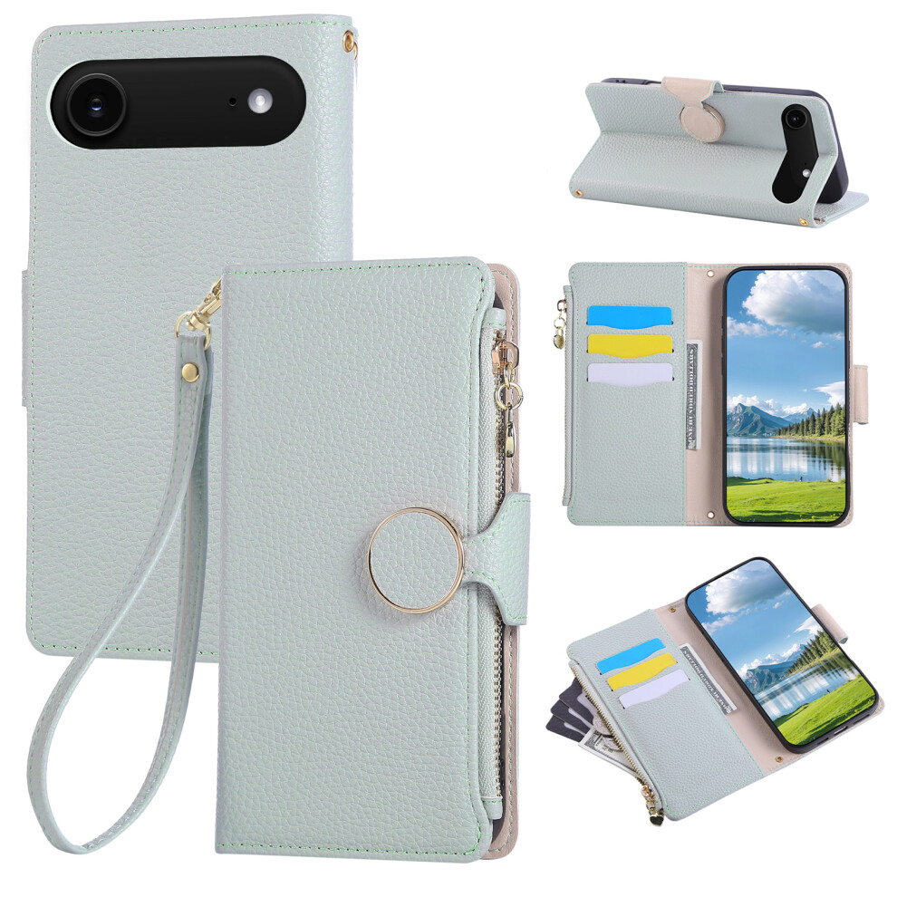 (Iphone Air, Cyan) For Iphone Air Case Zipper Wallet Leather Phone Cover With Wrist Strap Blue 6914289190618