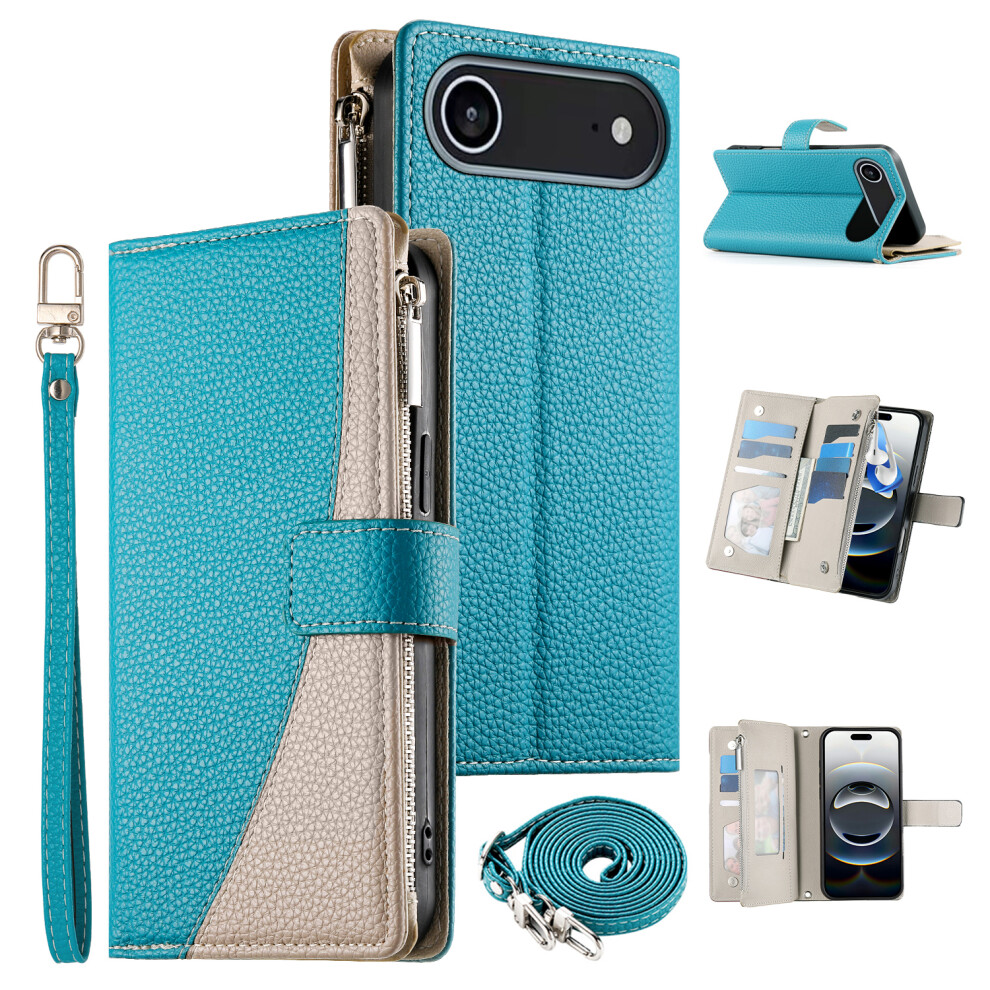 (Iphone Air, Lake ) For Iphone Air Case Zipper Wallet Color Splicing Leather Flip Phone Cover With Straps Blue 6914280922102
