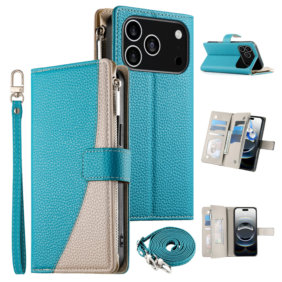 (Iphone 17 Pro, Lake ) For Iphone 17 Pro Case Zipper Wallet Color Splicing Leather Flip Phone Cover With Straps Blue 6914281478516
