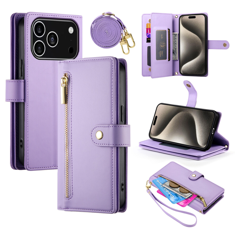 (Iphone 17 Pro, ) For Iphone 17 Pro Case Zipper Pocket Wallet Leather Phone Cover With Straps Purple 6914281194324