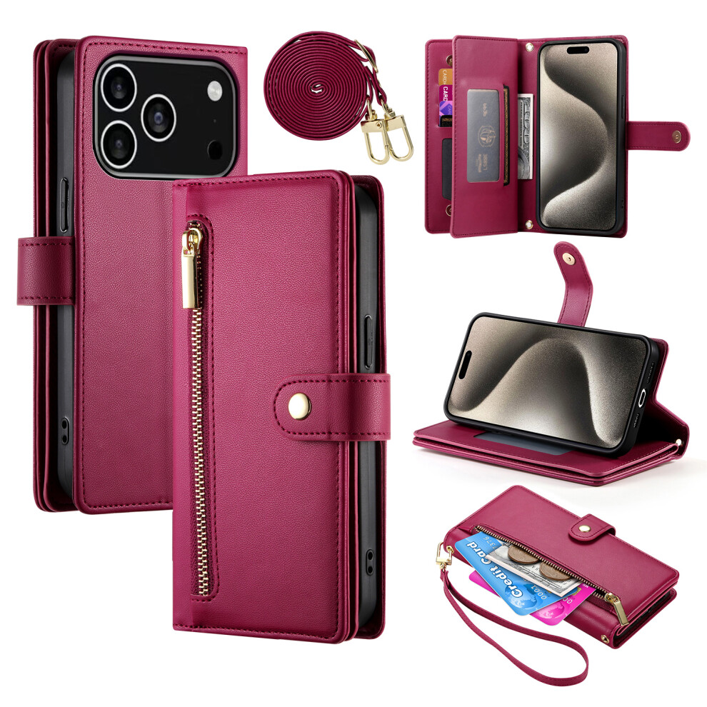 (Iphone 17 Pro, ) For Iphone 17 Pro Case Zipper Pocket Wallet Leather Phone Cover With Straps Red 6914283146178