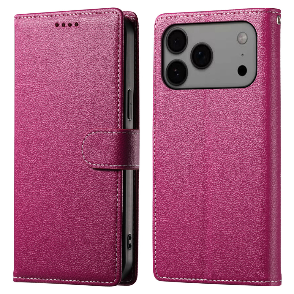 (Iphone 17 Pro Max, Rose) For Iphone 17 Pro Max Case Magnetic Snap Litchi Texture Leather Wallet Phone Cover With Wrist Strap 6914286177810