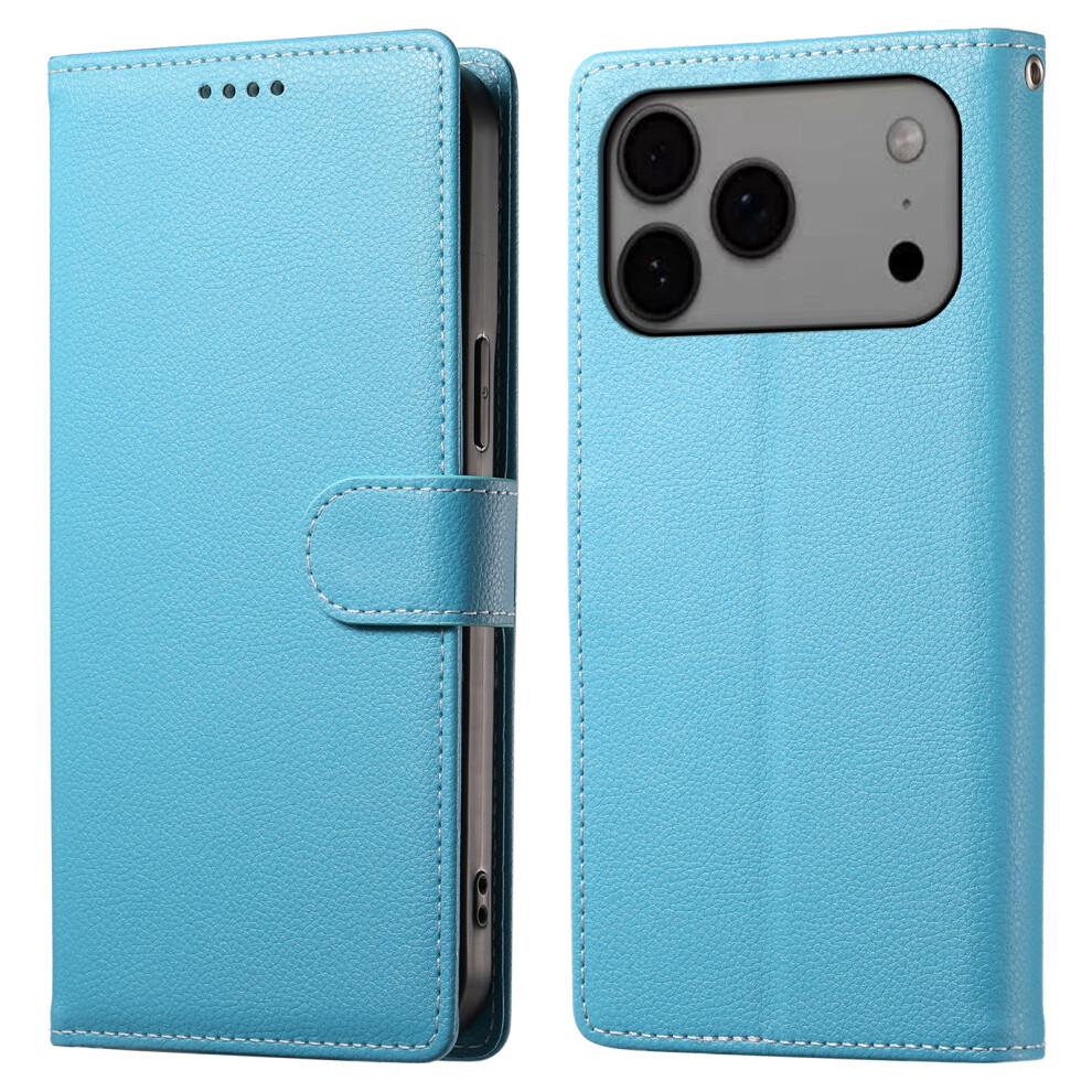 (Iphone 17 Pro Max, Sky ) For Iphone 17 Pro Max Case Magnetic Snap Litchi Texture Leather Wallet Phone Cover With Wrist Strap Blue 6914284699895
