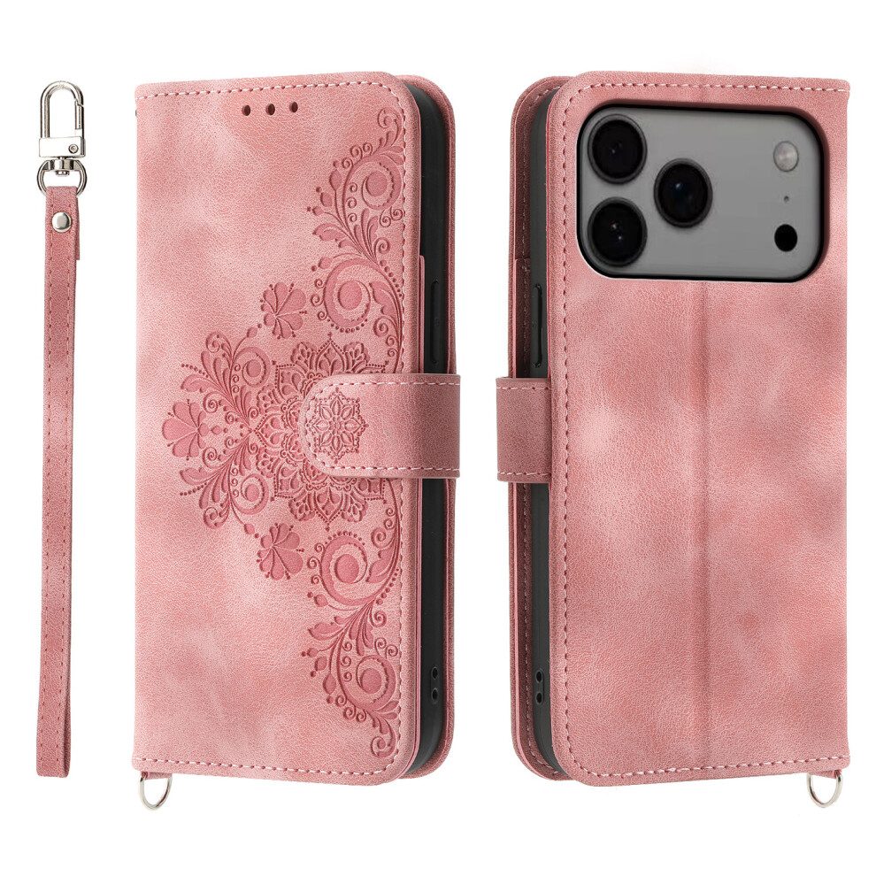 (Iphone 17 Pro Max, ) For Iphone 17 Pro Max Case Flower Pattern Pu Leather Wallet Phone Cover With Strap Pink 6914280660158