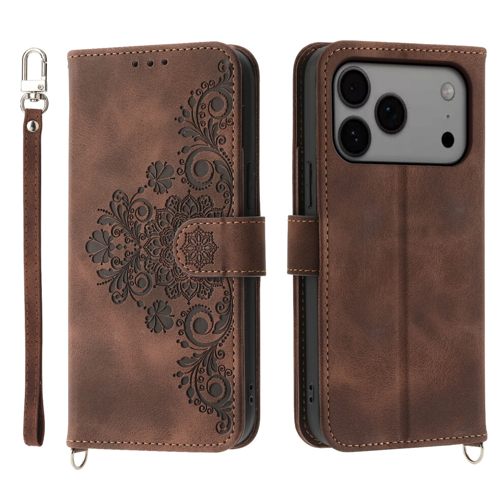 (Iphone 17 Pro Max, ) For Iphone 17 Pro Max Case Flower Pattern Pu Leather Wallet Phone Cover With Strap Brown 6914288034937