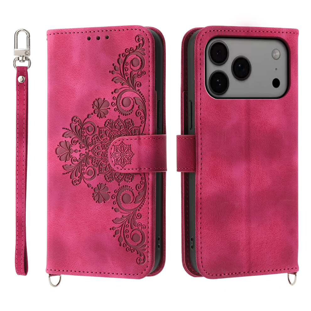 (Iphone 17 Pro Max, Wine ) For Iphone 17 Pro Max Case Flower Pattern Pu Leather Wallet Phone Cover With Strap Red 6914286766458