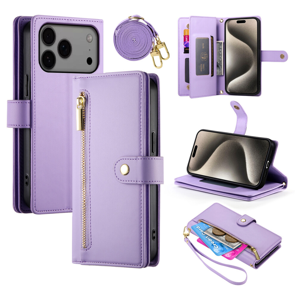 (Iphone 17 Pro Max, ) For Iphone 17 Pro Max Case Zipper Pocket Wallet Leather Phone Cover With Straps Purple 6914289037876