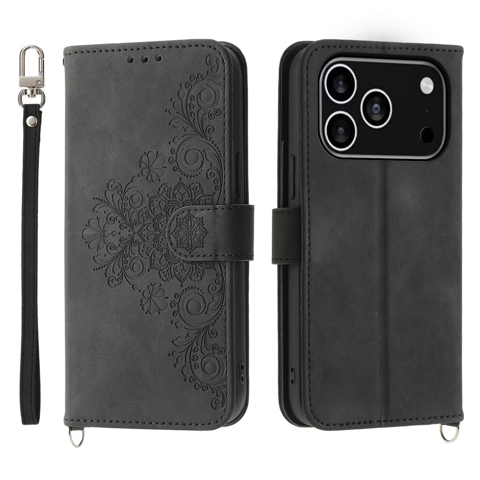 (Iphone 17 Pro, ) For Iphone 17 Pro Case Flower Pattern Pu Leather Wallet Phone Cover With Strap Black 6914288566902