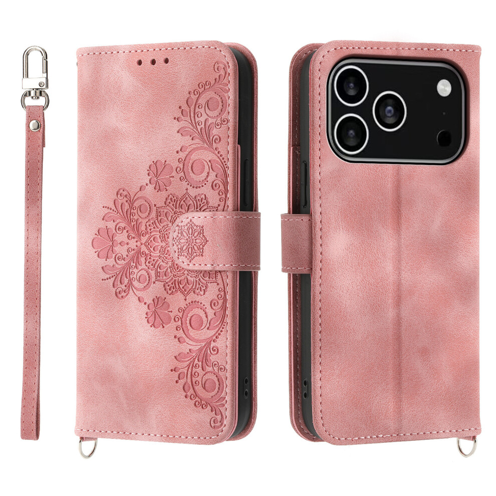 (Iphone 17 Pro, ) For Iphone 17 Pro Case Flower Pattern Pu Leather Wallet Phone Cover With Strap Pink 6914283104802