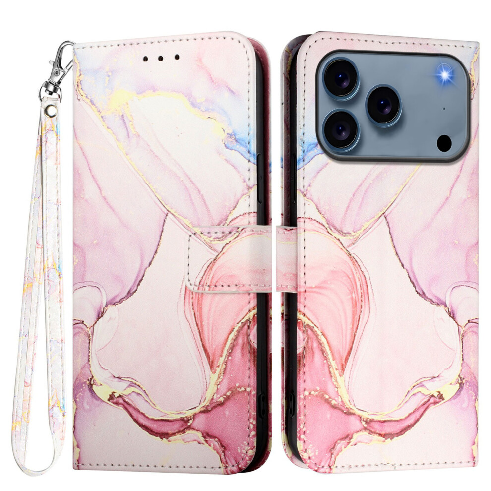 (Iphone 17 Pro, Rose Ls005) For Iphone 17 Pro Case With Strap Marble Pattern Leather Phone Cover Card Holder Gold 6914281785126