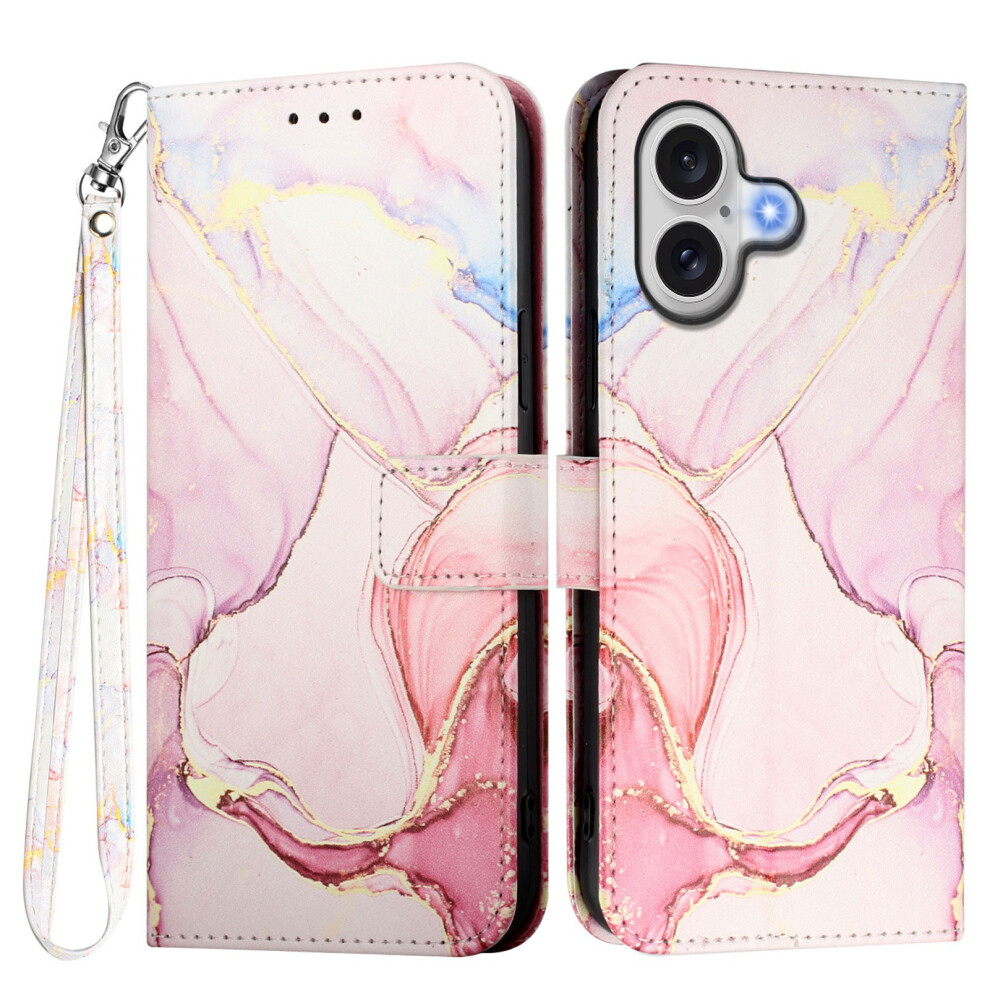 (Iphone 17, Rose Ls005) For Iphone 17 Case With Strap Marble Pattern Leather Phone Cover Card Holder Gold 6914288590396