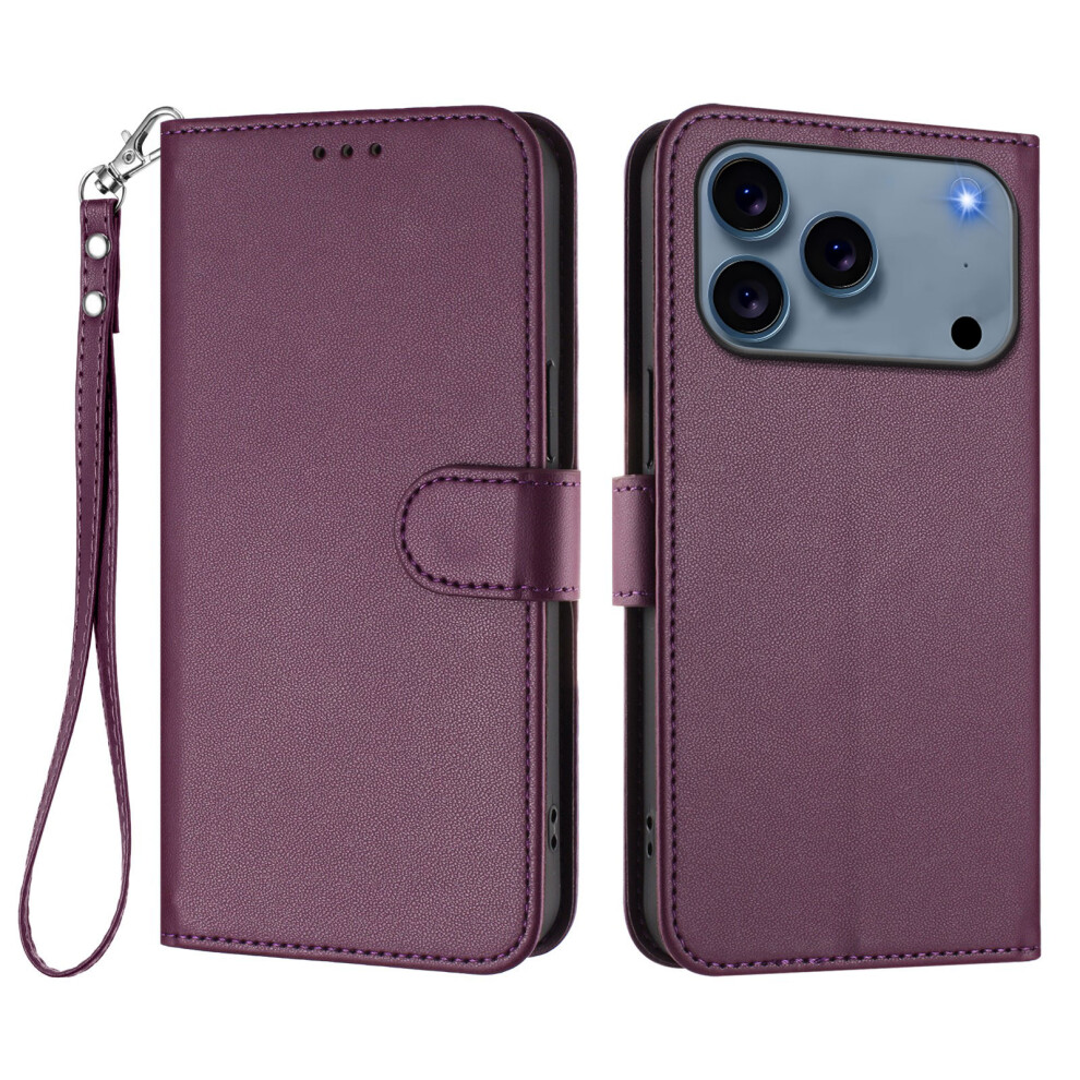 (Iphone 17 Pro, ) For Iphone 17 Pro Leather Case Wallet Stand Phone Cover With Wrist Strap Purple 6914286518002