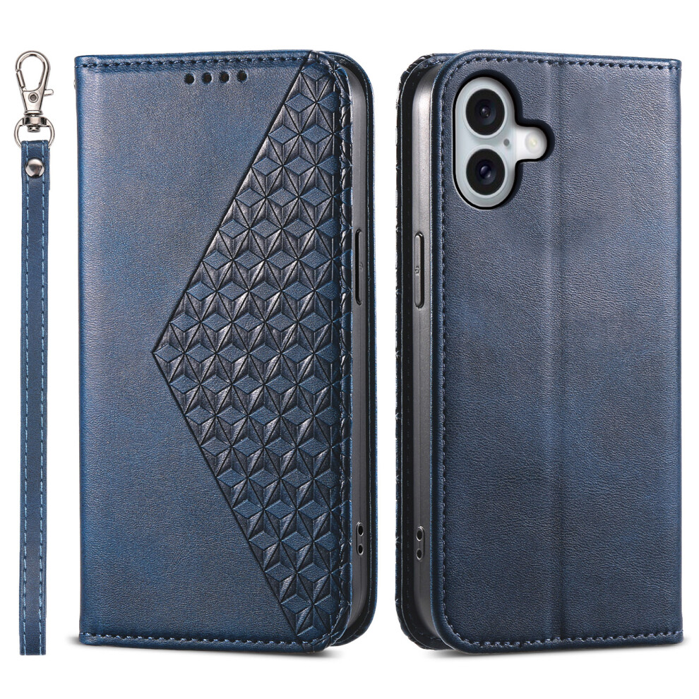 (Iphone 17, ) For Iphone 17 Case Calf Texture Pu Leather Wallet Phone Cover With Wrist Strap Blue 6914280483030