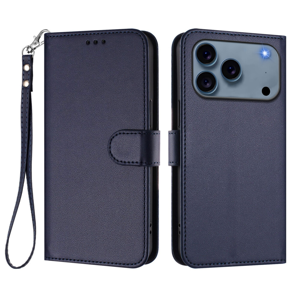 (Iphone 17 Pro Max, ) For Iphone 17 Pro Max Leather Case Wallet Stand Phone Cover With Wrist Strap Blue 6914289344134