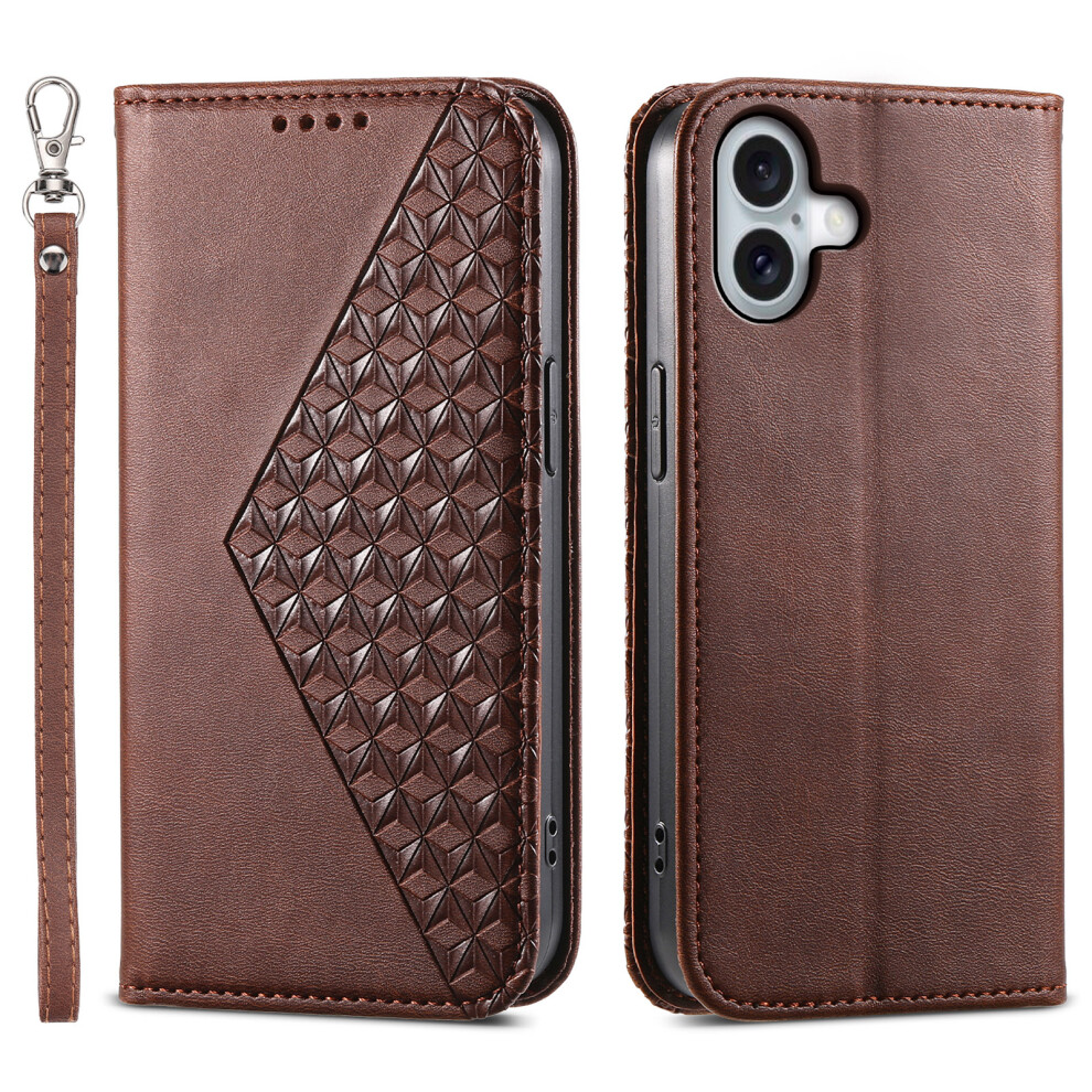 (Iphone 17, ) For Iphone 17 Case Calf Texture Pu Leather Wallet Phone Cover With Wrist Strap Brown 6914287322868