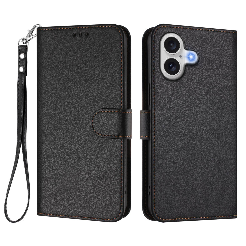 (Iphone 17, ) For Iphone 17 Leather Case Wallet Stand Phone Cover With Wrist Strap Black 6914280651323