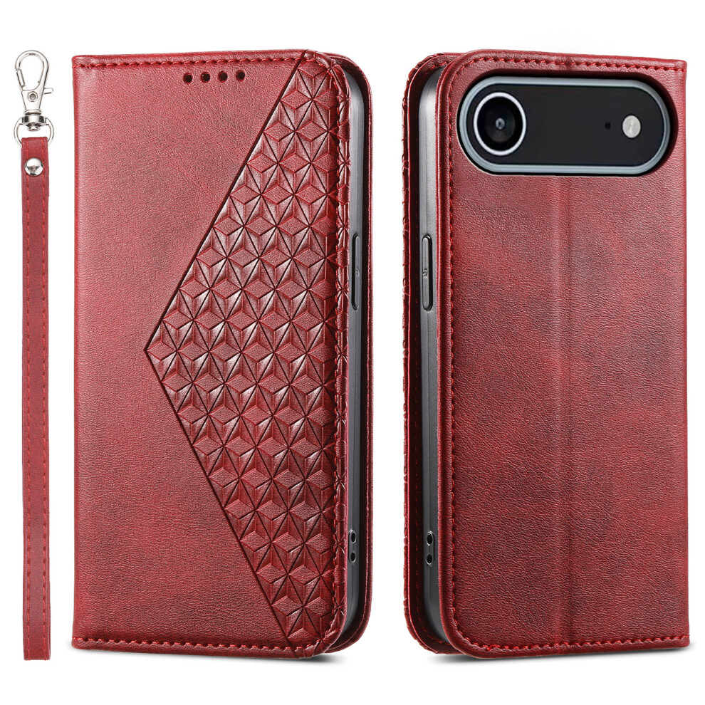 (Iphone Air, ) For Iphone Air Case Calf Texture Pu Leather Wallet Phone Cover With Wrist Strap Red 6914289206852