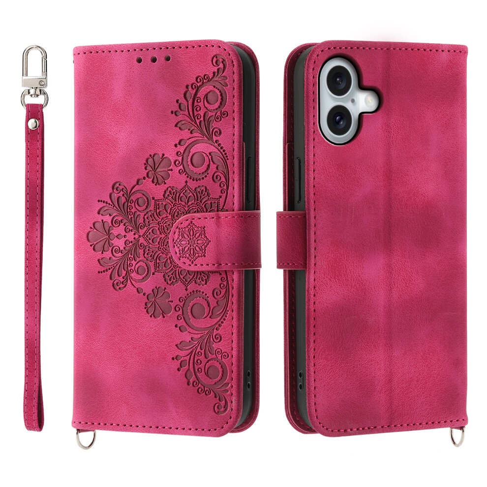 (Iphone 17, Wine ) For Iphone 17 Case Flower Pattern Pu Leather Wallet Phone Cover With Strap Red 6914281434307