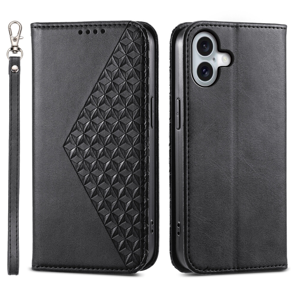 (Iphone 17, ) For Iphone 17 Case Calf Texture Pu Leather Wallet Phone Cover With Wrist Strap Black 6914280703176