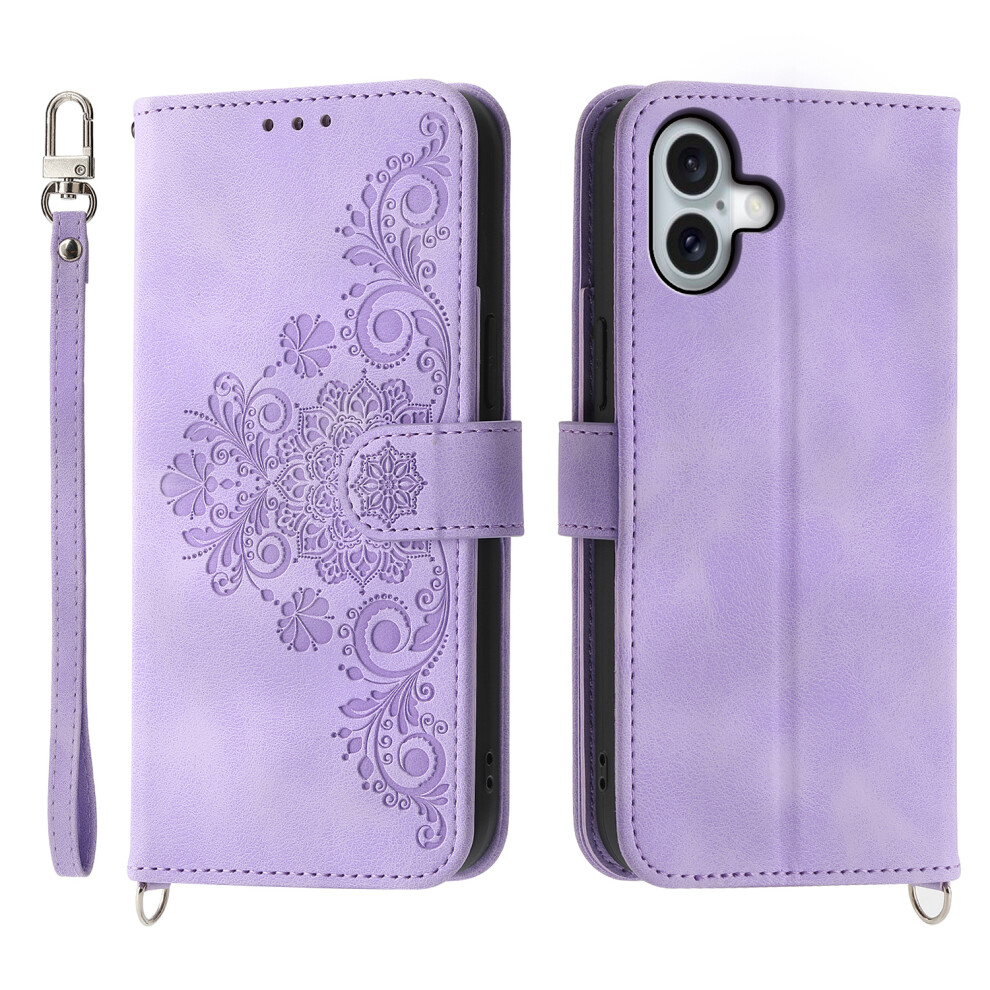 (Iphone 17, Light ) For Iphone 17 Case Flower Pattern Pu Leather Wallet Phone Cover With Strap Purple 6914283420636