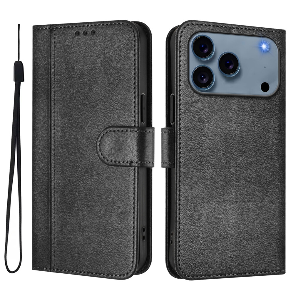 (Iphone 17 Pro, ) For Iphone 17 Pro Cases Wallet Stand Retro Texture Leather Phone Cover With Lanyard Black 6914286866677