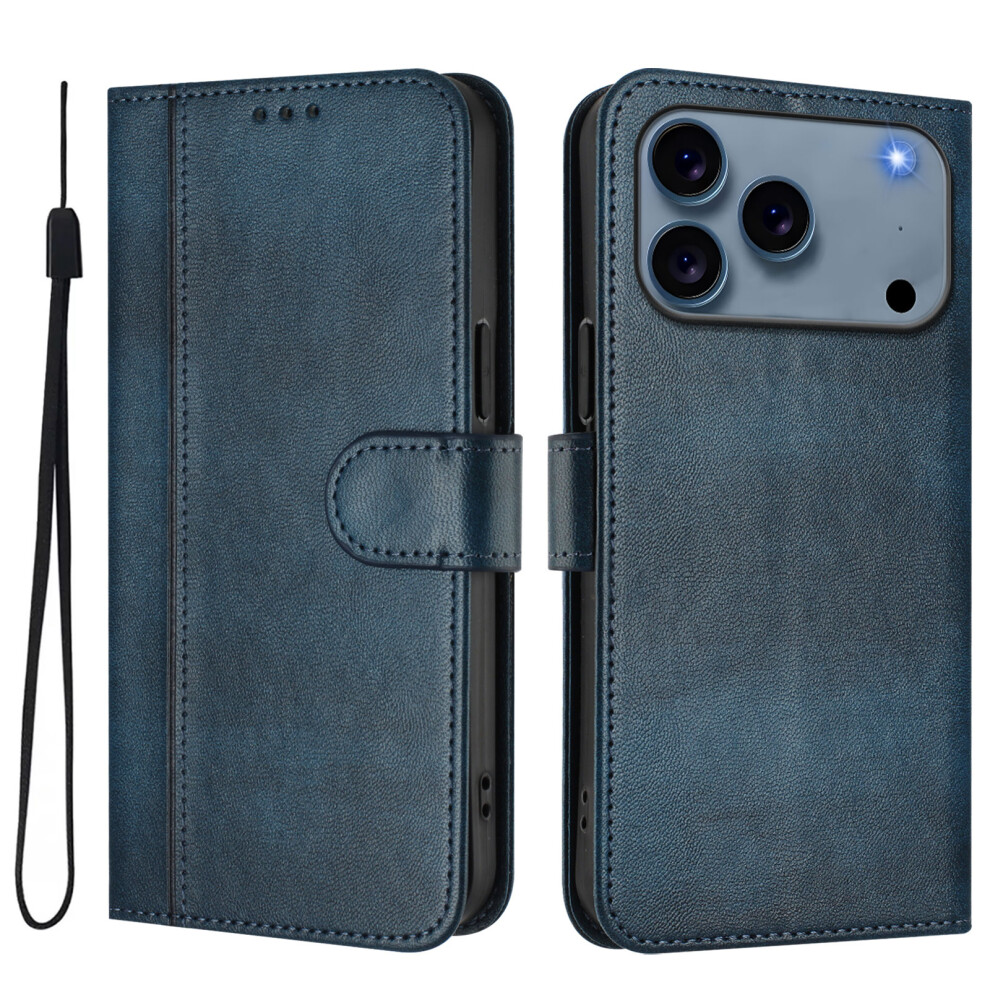 (Iphone 17 Pro, ) For Iphone 17 Pro Cases Wallet Stand Retro Texture Leather Phone Cover With Lanyard Blue 6914284914820