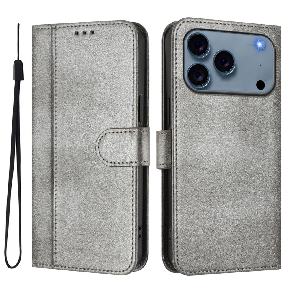 (Iphone 17 Pro, ) For Iphone 17 Pro Cases Wallet Stand Retro Texture Leather Phone Cover With Lanyard Grey 6914285971303