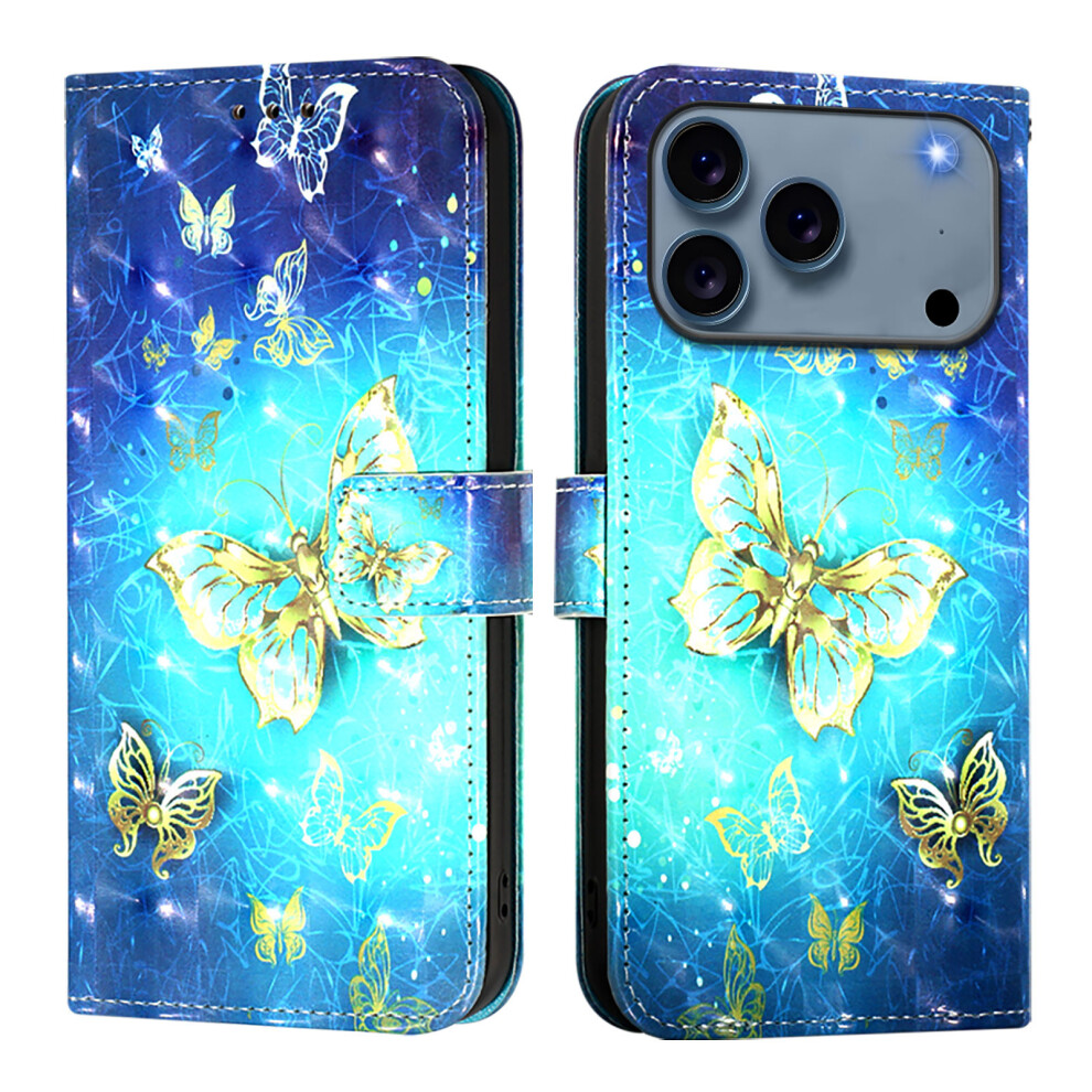 (Iphone 17 Pro, Butterflies) For Iphone 17 Pro Leather Case Pattern Printing Wallet Stand Mobile Cover With Strap Golden 6914283518609