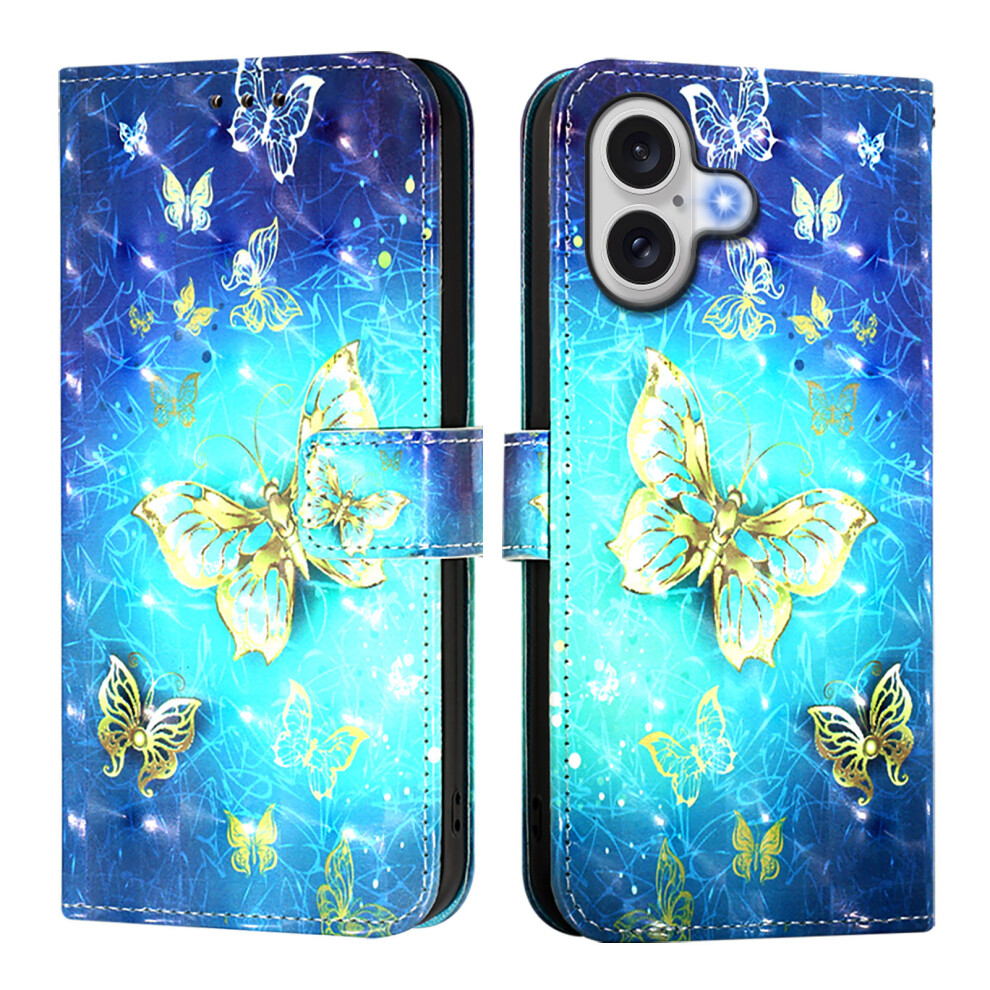 (Iphone 17, Butterflies) For Iphone 17 Leather Case Pattern Printing Wallet Stand Mobile Cover With Strap Golden 6914281639016