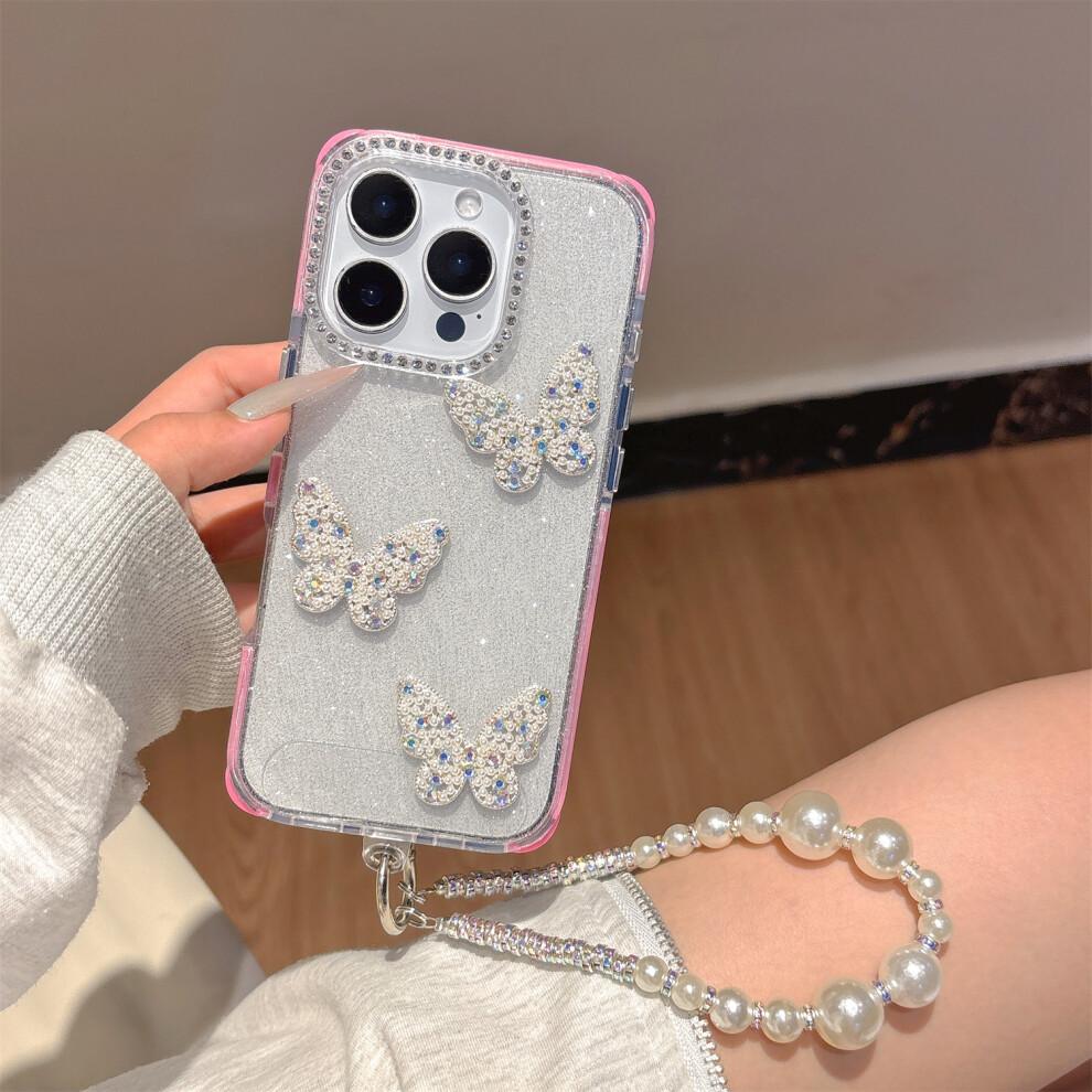 (Iphone 16 Pro Max, Rose) For Iphone 16 Pro Max Case Glitter Rhinestone Decor Butterfly Tpu+Pc Phone Case With Beaded Strap 6914289647143