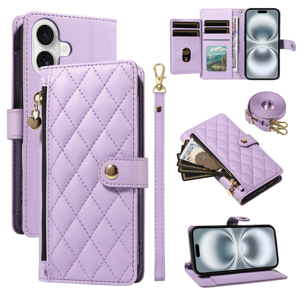 (Iphone 16, ) For Iphone 16 Wallet Case With Straps,Rhombus Leather Stand Phone Cover Purple 6914283867264