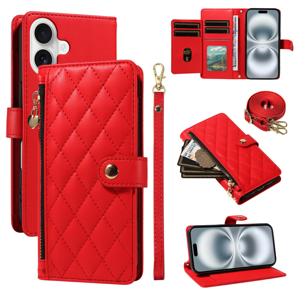 (Iphone 16, ) For Iphone 16 Wallet Case With Straps,Rhombus Leather Stand Phone Cover Red 6914285503467