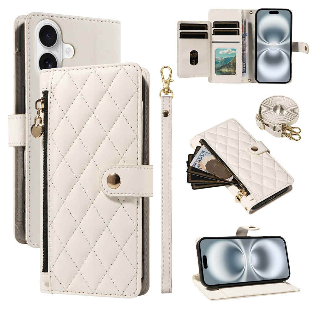 (Iphone 16, ) For Iphone 16 Wallet Case With Straps,Rhombus Leather Stand Phone Cover White 6914285999222