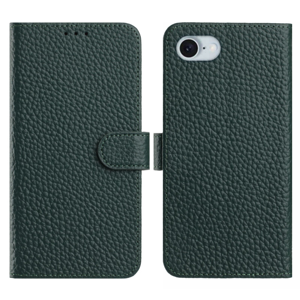 (Iphone 16E, ) For Iphone 16E Case Wallet Stand Litchi Texture Genuine Cow Leather Flip Phone Cover Green 6914288141451