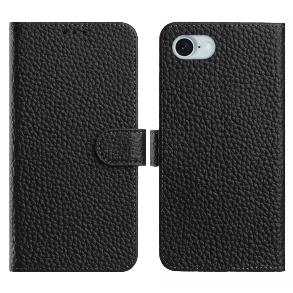 (Iphone 16E, ) For Iphone 16E Case Wallet Stand Litchi Texture Genuine Cow Leather Flip Phone Cover Black 6914287947658