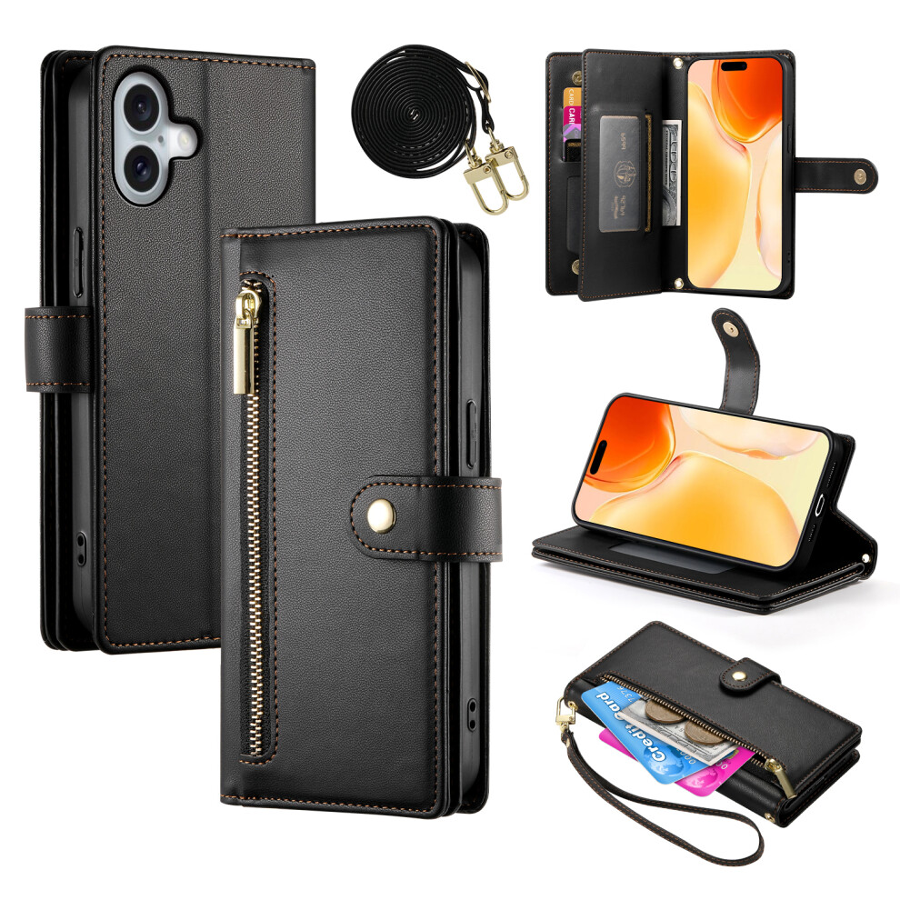 (Iphone 17, ) For Iphone 17 Case Zipper Pocket Wallet Leather Phone Cover With Straps Black 6914282995302
