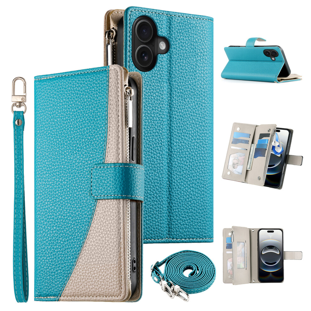 (Iphone 17, Lake ) For Iphone 17 Case Zipper Wallet Color Splicing Leather Flip Phone Cover With Straps Blue 6914281444924