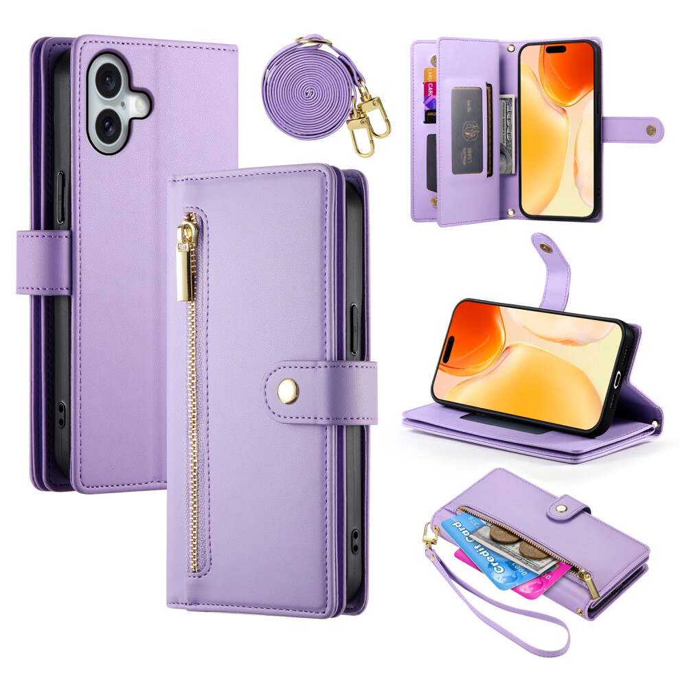 (Iphone 17, ) For Iphone 17 Case Zipper Pocket Wallet Leather Phone Cover With Straps Purple 6914289459142