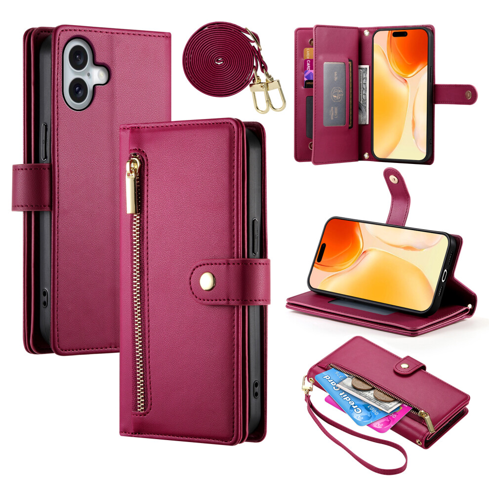 (Iphone 17, ) For Iphone 17 Case Zipper Pocket Wallet Leather Phone Cover With Straps Red 6914286876508