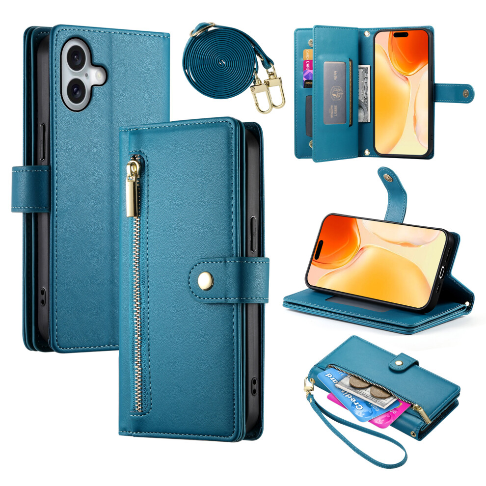 (Iphone 17, ) For Iphone 17 Case Zipper Pocket Wallet Leather Phone Cover With Straps Blue 6914282274117