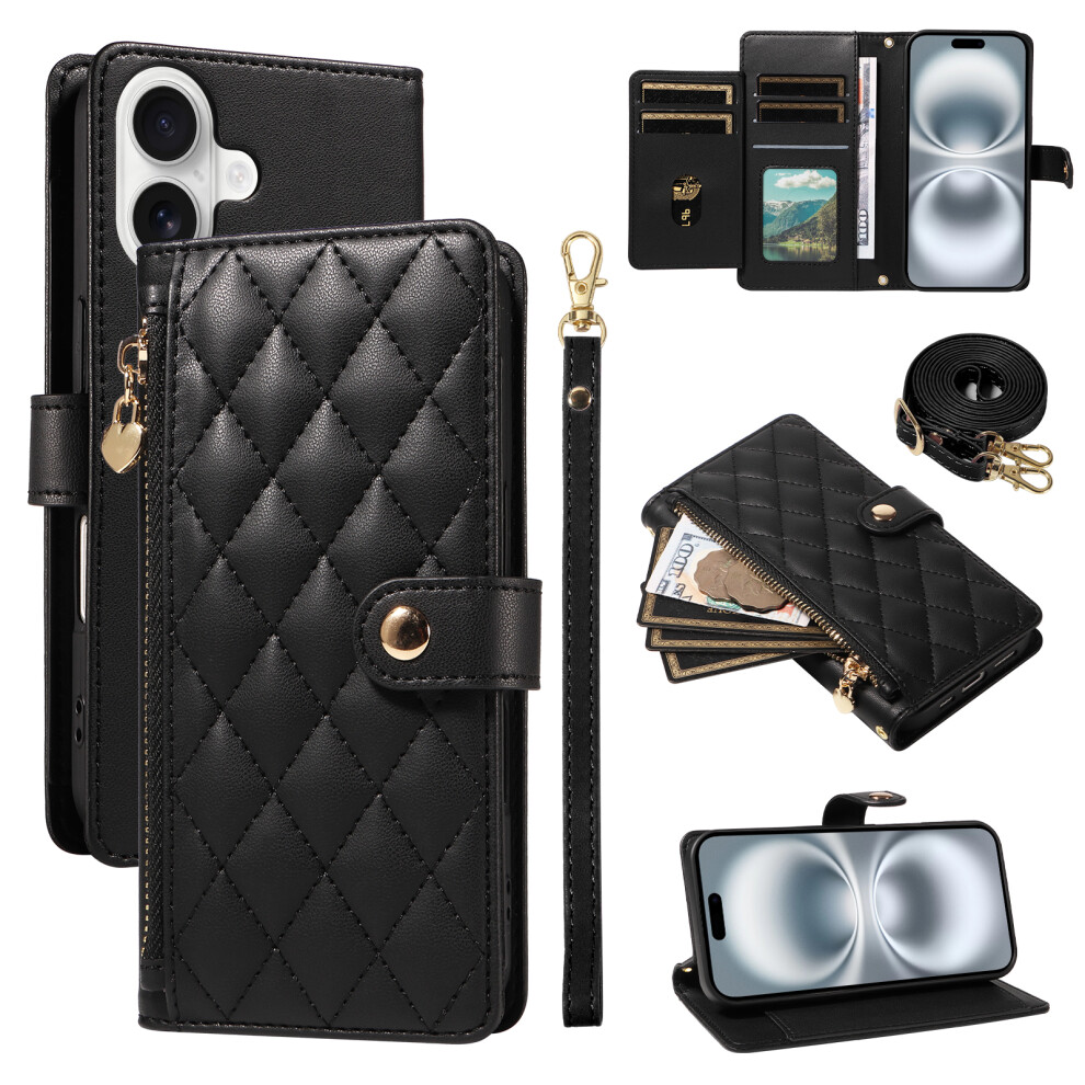 (Iphone 16, ) For Iphone 16 Wallet Case With Straps,Rhombus Leather Stand Phone Cover Black 6914287627512