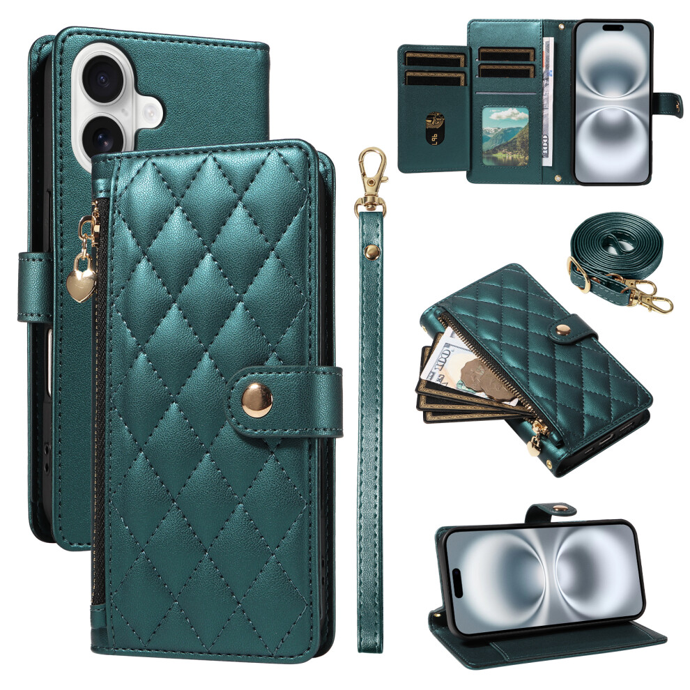 (Iphone 16, Blackish ) For Iphone 16 Wallet Case With Straps,Rhombus Leather Stand Phone Cover Green 6914284379469