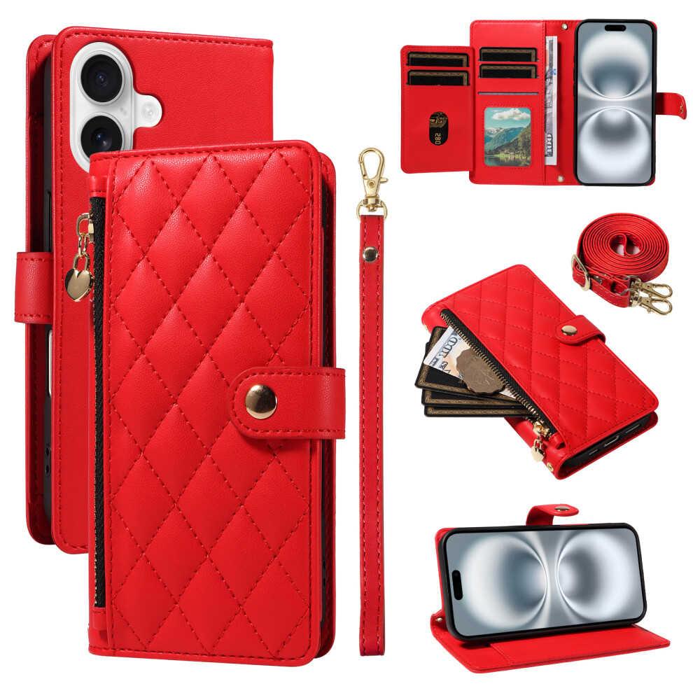 (Iphone 16, ) For Iphone 16 Wallet Case With Straps,Rhombus Leather Stand Phone Cover Red 6914280791418