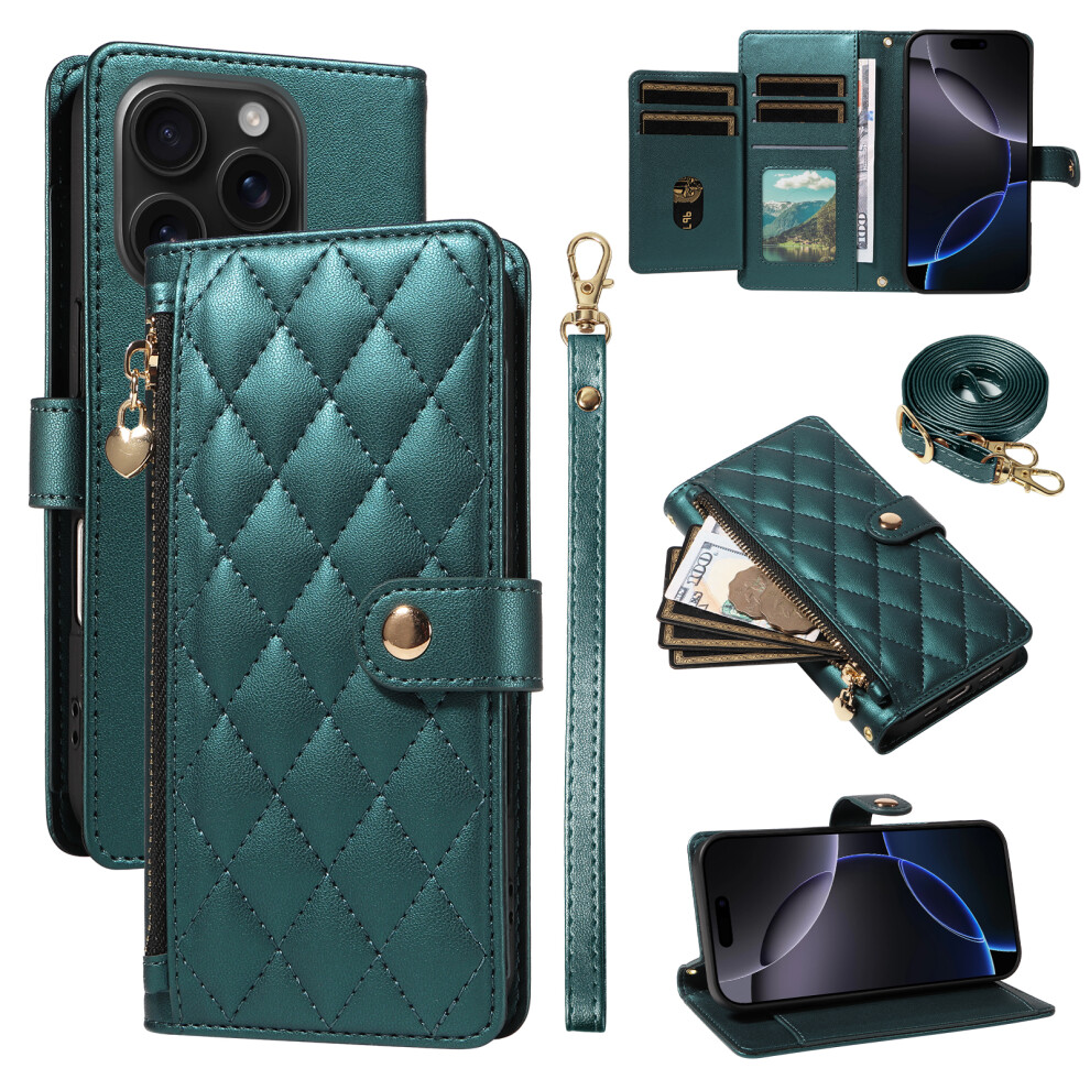 (Iphone 16 Pro, Blackish ) For Iphone 16 Pro Wallet Case With Straps,Rhombus Leather Stand Phone Cover Green 6914283507412