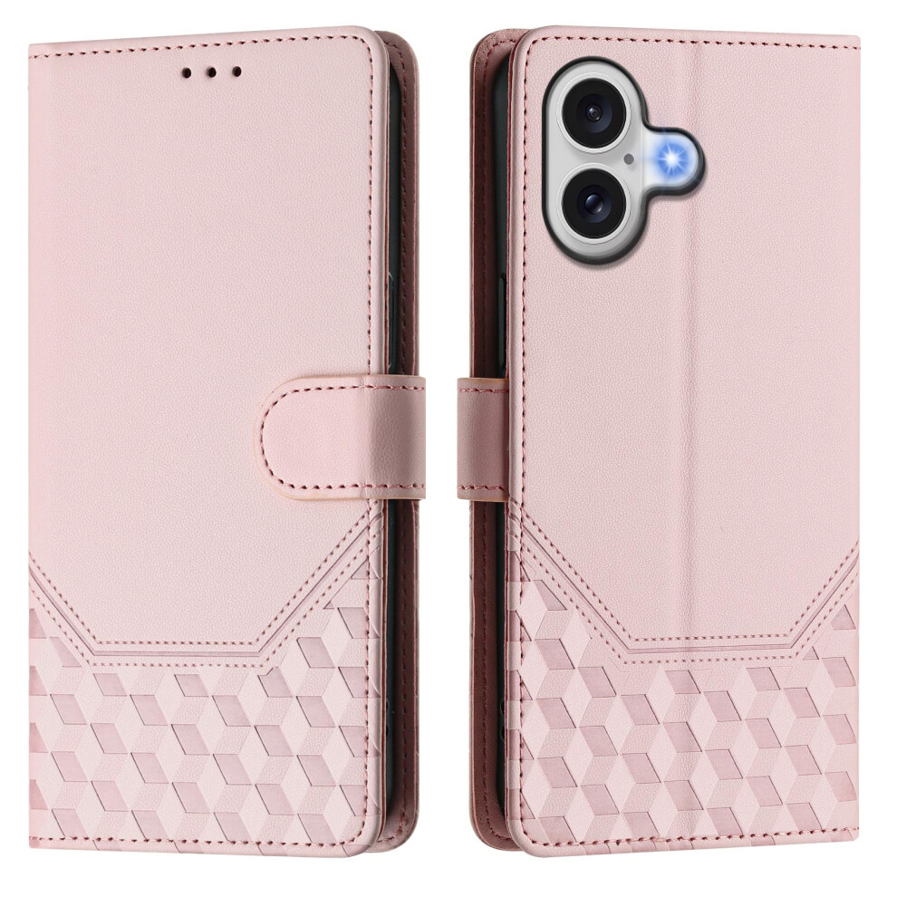 (Iphone 17, ) For Iphone 17 Case Imprinted Honeycomb Rfid Blocking Leather Phone Cover With Strap Pink 6914285875830