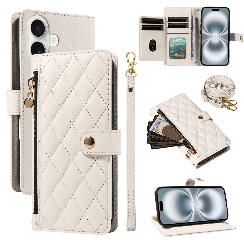 (Iphone 16, ) For Iphone 16 Wallet Case With Straps,Rhombus Leather Stand Phone Cover White 6914286331311